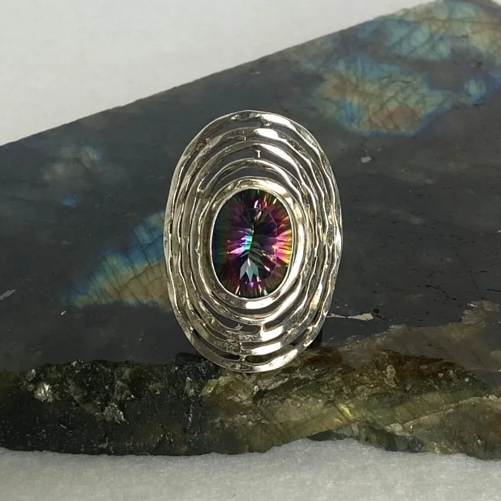 Sterling Silver 925 India Large Bezel Set Oval Mystic Quartz Statement Ring 5.5